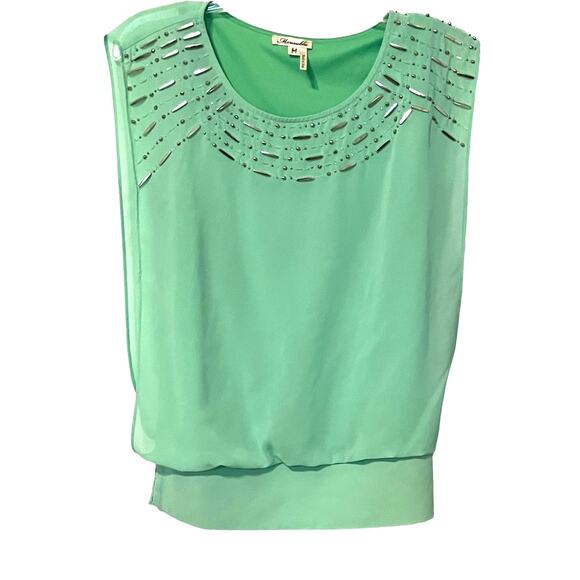MARINEBLU SLEEVELESS PULL-OVER ROUND NECK BLOUSE, WOMENS, M, LIME GREEN/SILVER - Picture 1 of 12